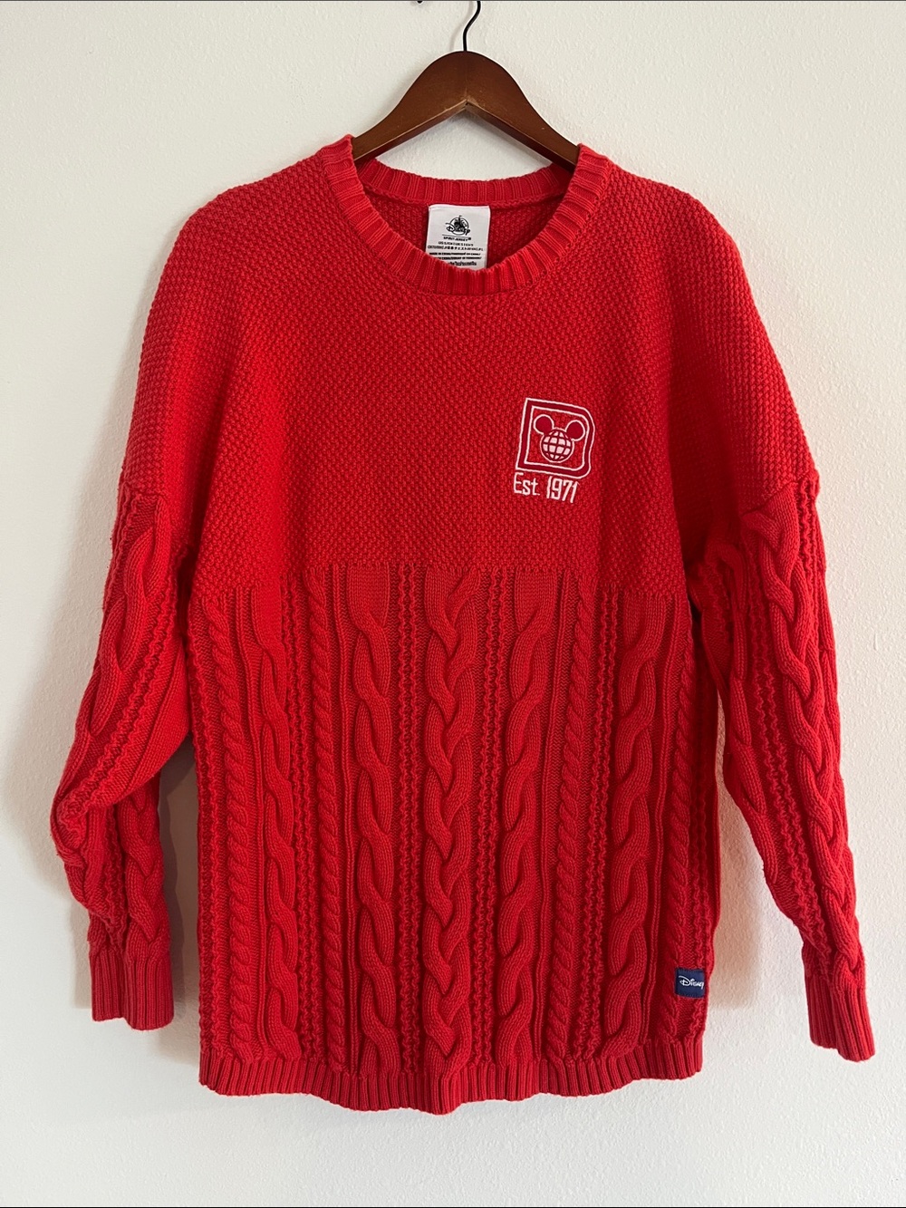 Disney Parks Spirit Jersey Red Cable-Knit Crewneck Sweater